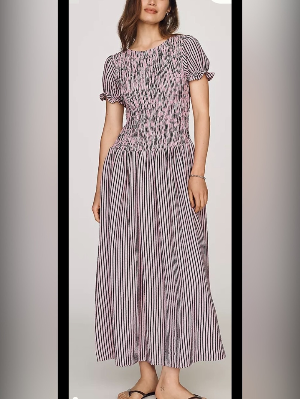 Smocked Pink and Green Striped Maxi Dress